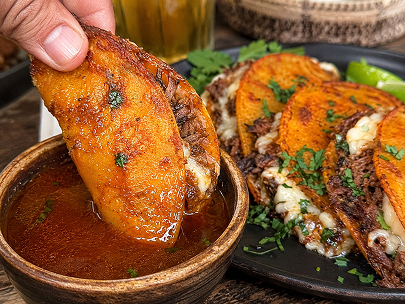 REPLACE → birria with consommé dip, the dunk shot
